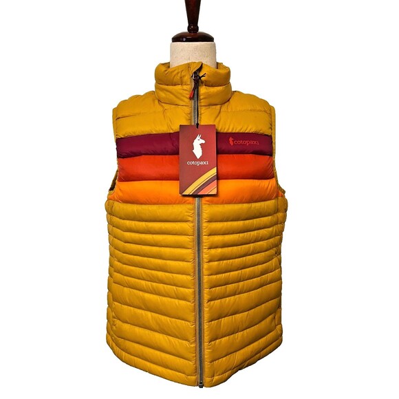 NWT $165 COTOPAXI Women’s M Fuego Down Puffer Vest Jacket Amber Stripes 800FP - Picture 1 of 12